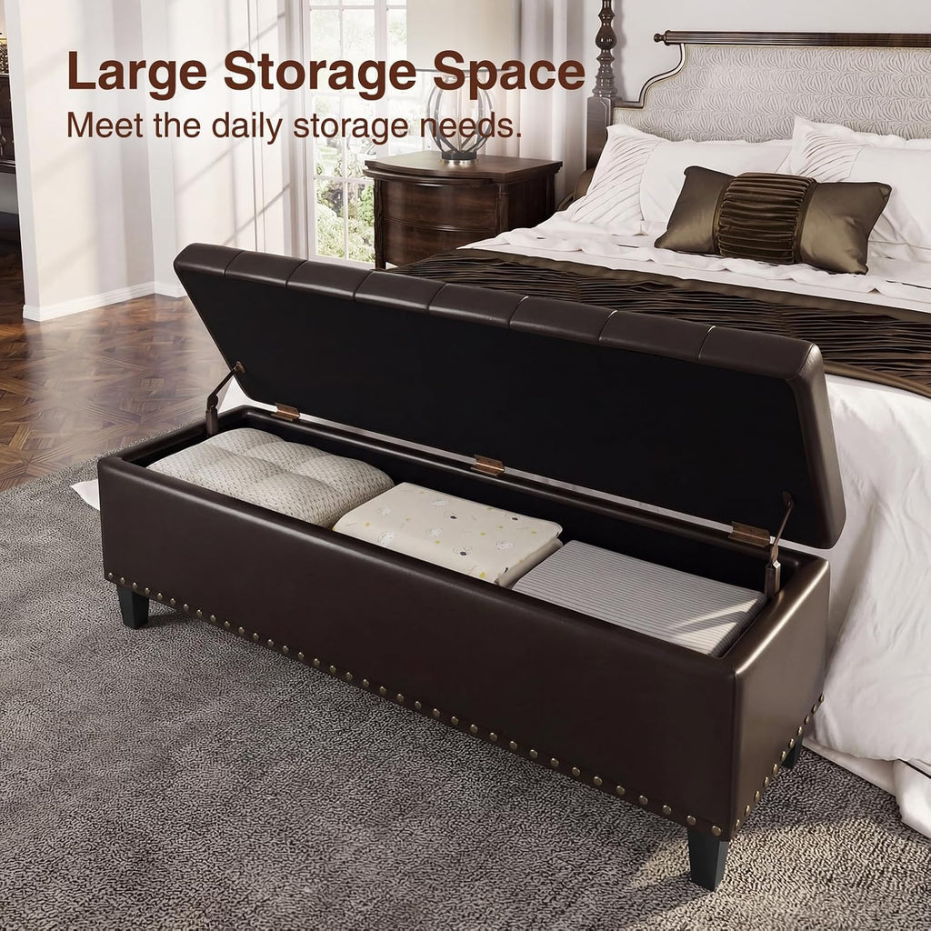 FiveWillowise 51 Inch Storage Ottoman Bench,Large End of Bed Storage Bench | Faux Leather Ottoman with Storage,30 Gallons,Upholstered,with Nailhead Trim,Legs,for Bedroom,Living Room,Entryway,Chocolate