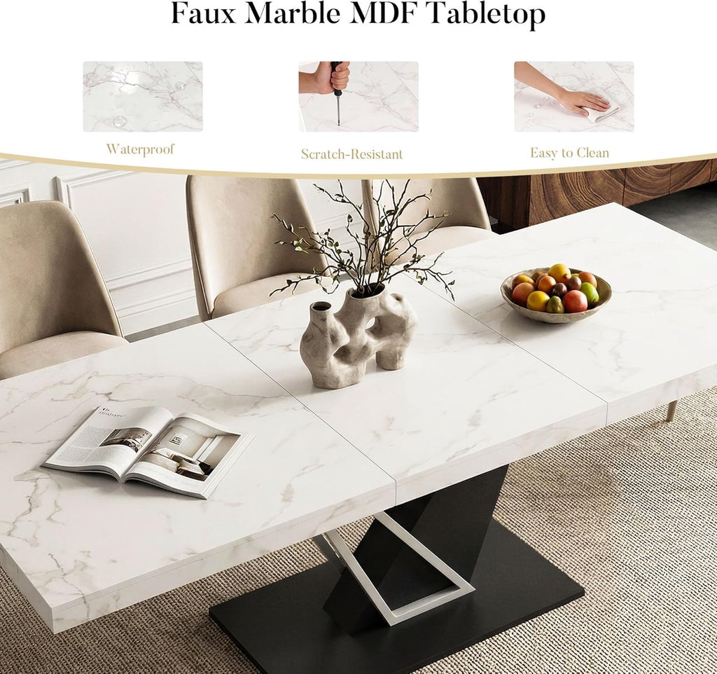 COSIEST 59'' to 78.7'' Extendable Dining Table for 4-8, Faux Marble Expandable Kitchen Table with Sturdy Metal Base, Rectangle Dinner Table for Small Space, Dining Room, Living Room, White