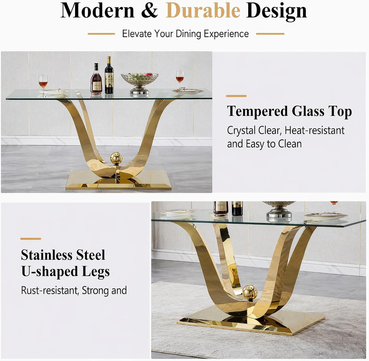 HomVent 70'' Glass Dining Table Set for 4, Modern Rectangle Kitchen Table Set for 4, Glass Dinner Table and Chairs Set for 4 for Living Room,Kitchen