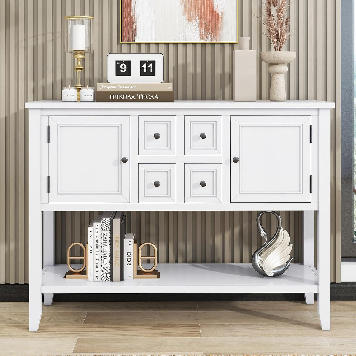 P PURLOVE Console Table Buffet Sideboard Sofa Table with Drawers Cabinets and Bottom Shelf (White)
