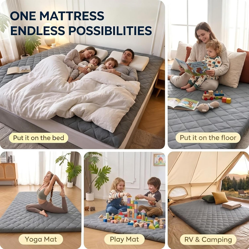 DOWNSTORIA Japanese Floor Mattress, Futon Mattress Roll Up Tatami Mat with Handle, Foldable Floor Bed Sleeping Pad for Camping, Full Size, Grey(54x75)