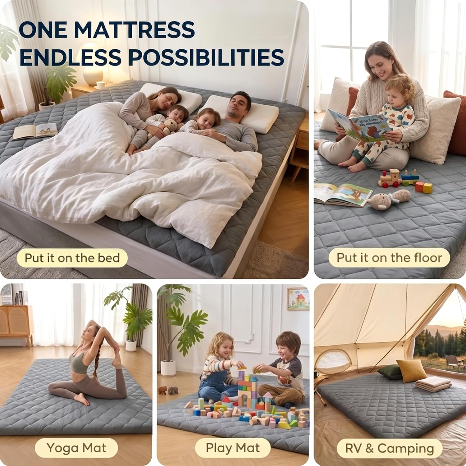 DOWNSTORIA Japanese Floor Mattress, Futon Mattress Roll Up Tatami Mat with Handle, Foldable Floor Bed Sleeping Pad for Camping, Full Size, Grey(54x75)