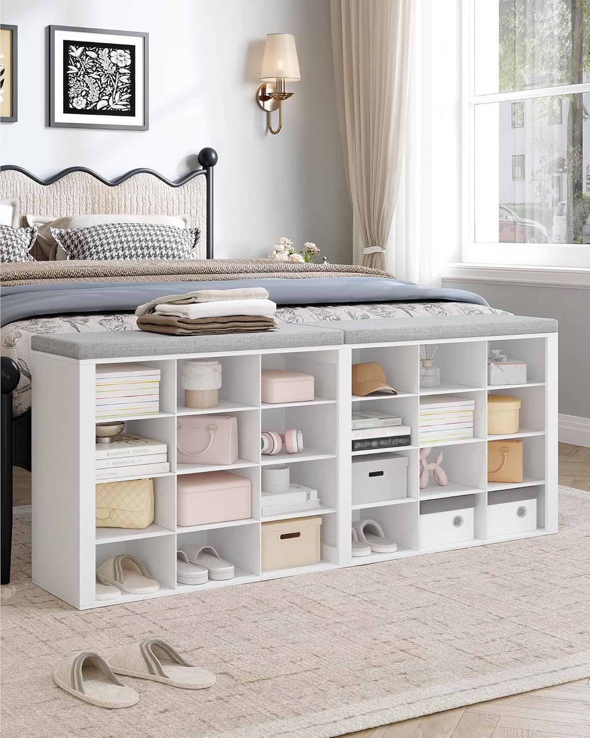 Hzuaneri Shoe Storage Bench with Cushion, Entryway Storage Bench with 24 Cubbies, 9.5" Widened Organizer Cabinet, Long Cubby Rack for Living Room, Bedroom, Entryway, White SB32403GY