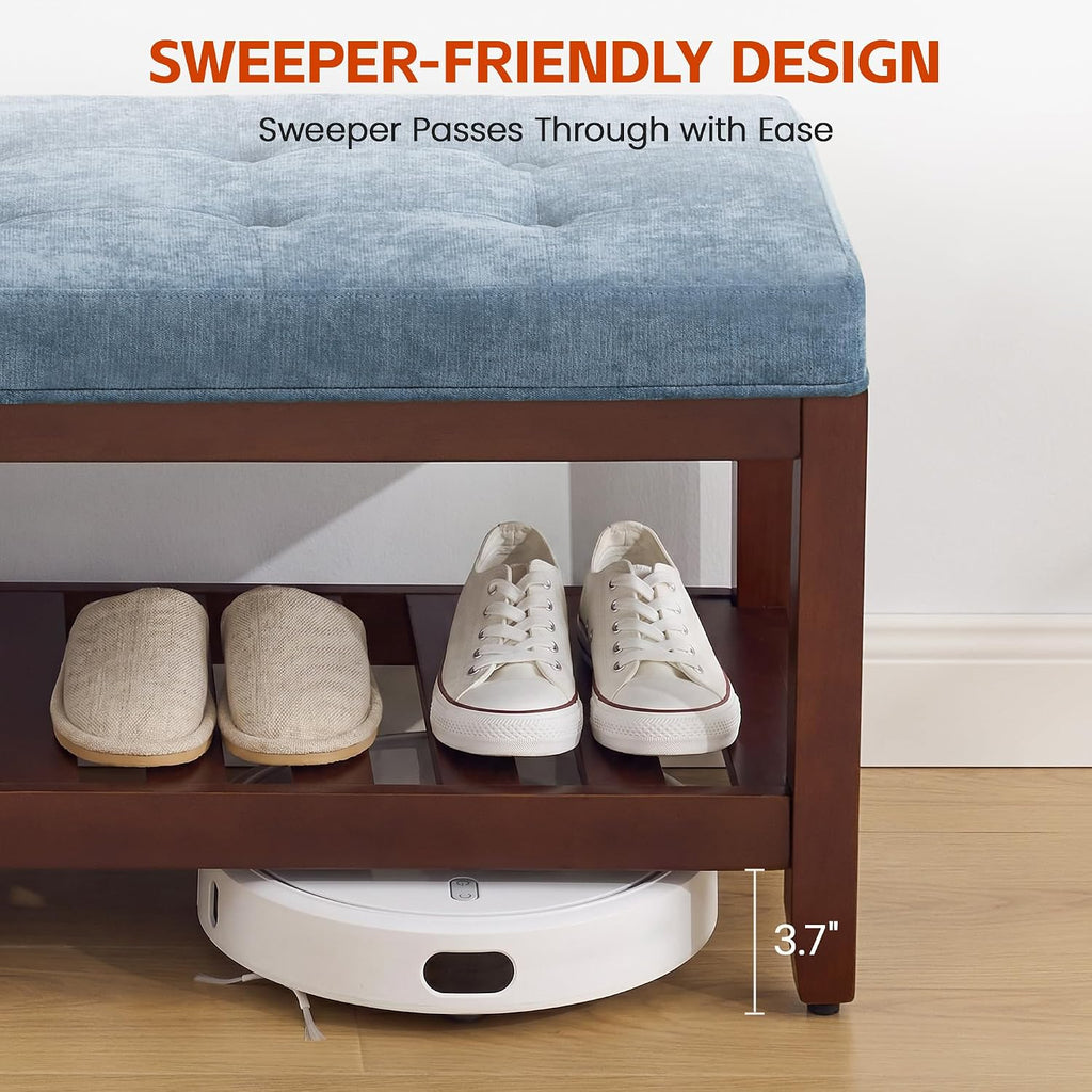 HUBSON 44" Entryway Shoe Bench, Upholstered End of Bed Bench with Solid Wood Shelf, Button Tufted Shoe Bench for Bedroom, Hallway, Living Room, Blue