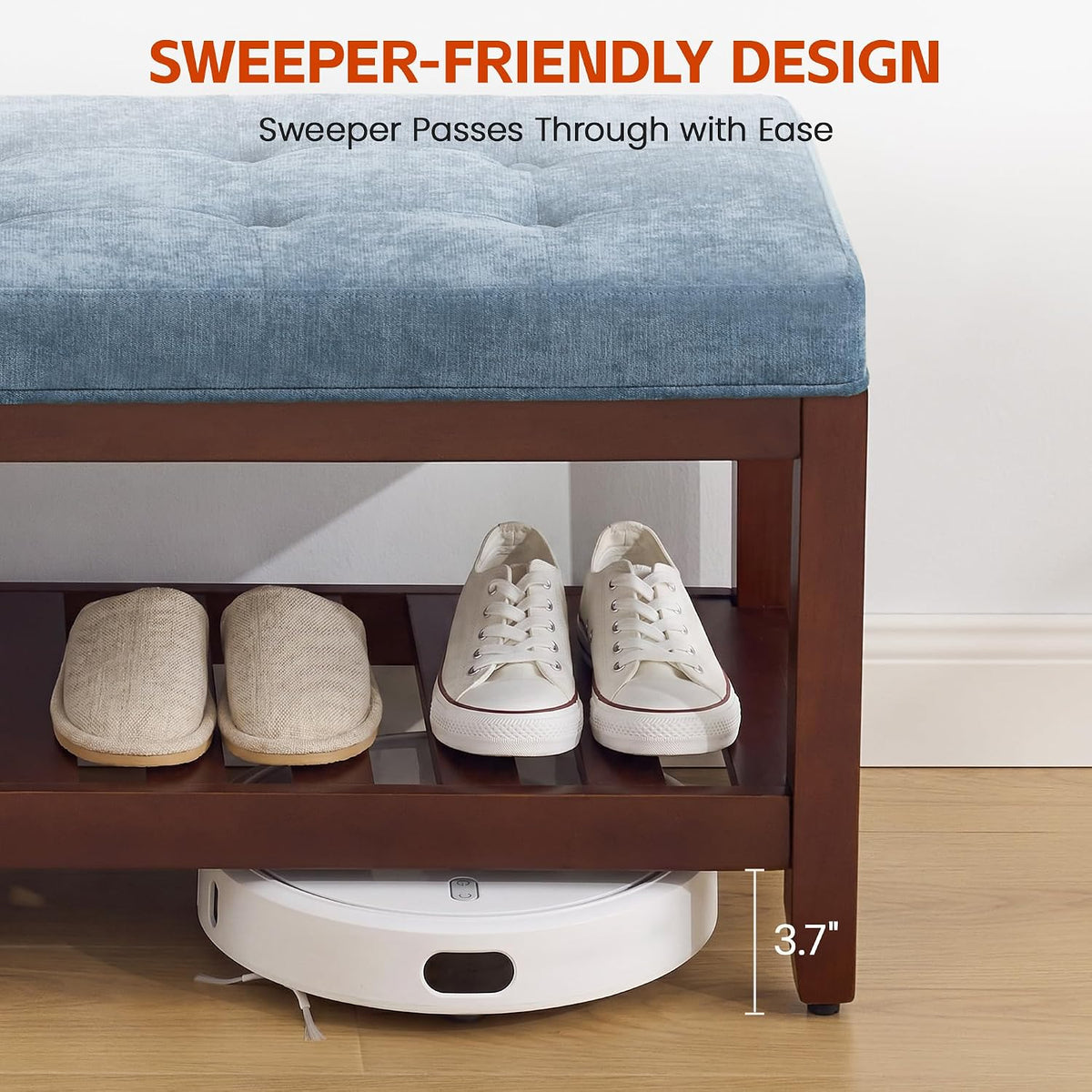 HUBSON 44" Entryway Shoe Bench, Upholstered End of Bed Bench with Solid Wood Shelf, Button Tufted Shoe Bench for Bedroom, Hallway, Living Room, Blue
