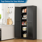 71" Black Metal Storage Cabinet with Doors, Heavy Duty | Freestanding Cupboard Kitchen Pantry Cabinet, 4 Adjustable Shelves, Gold Handles, Anti-Tip Tall Cupboard for Home and Garage