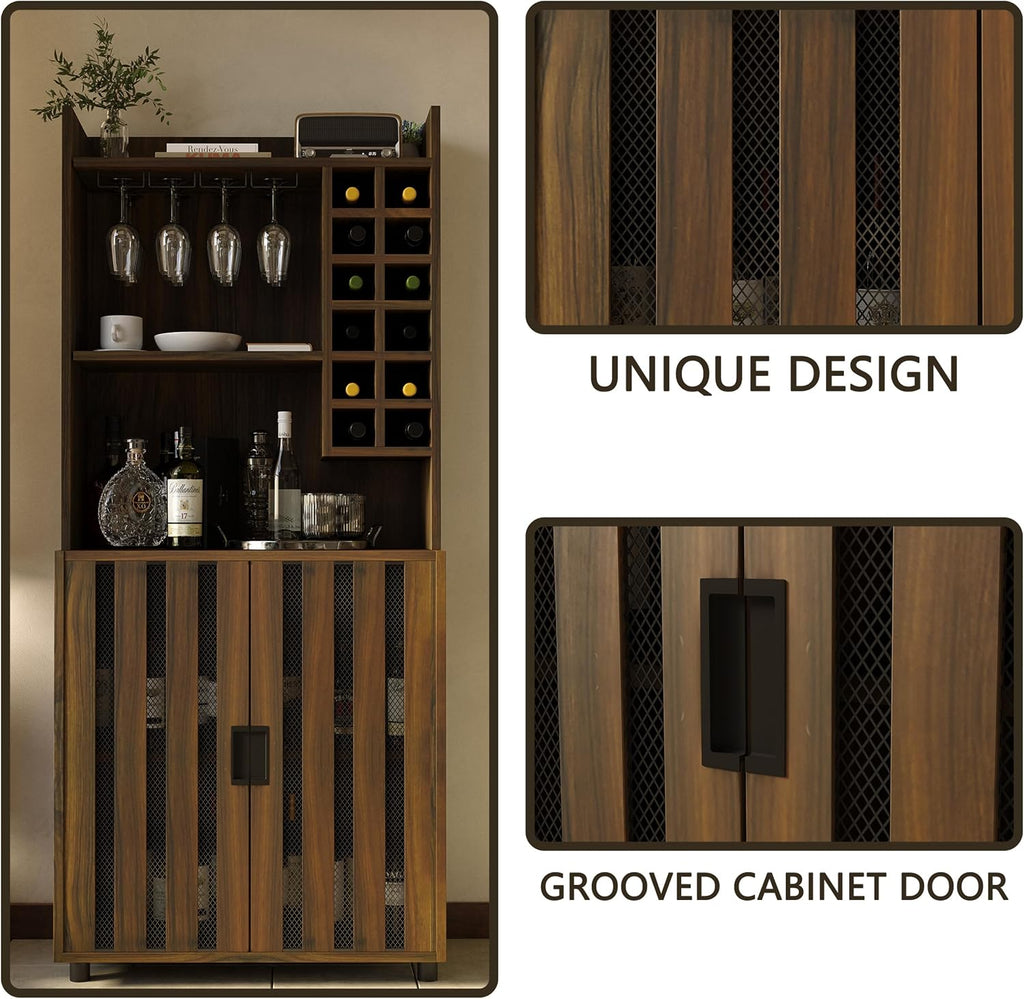 71" Kitchen Pantry Cabinet with 12 Wine Bottle Racks, Kitchen Hutch Food Pantry with Microwave Stand, Storage Cabinet with Doors and Shelves