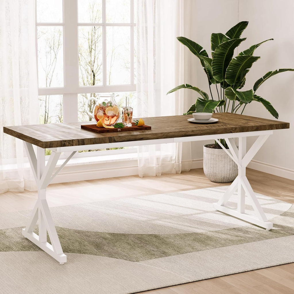 70.8 Inch Rectangular Dining Table for 6-8 People, Farmhouse Kitchen Table with Metal Base & Solid Wood Top, Easy Assembly, Water-Resistant, for Dining Room & Kitchen, Natural & White