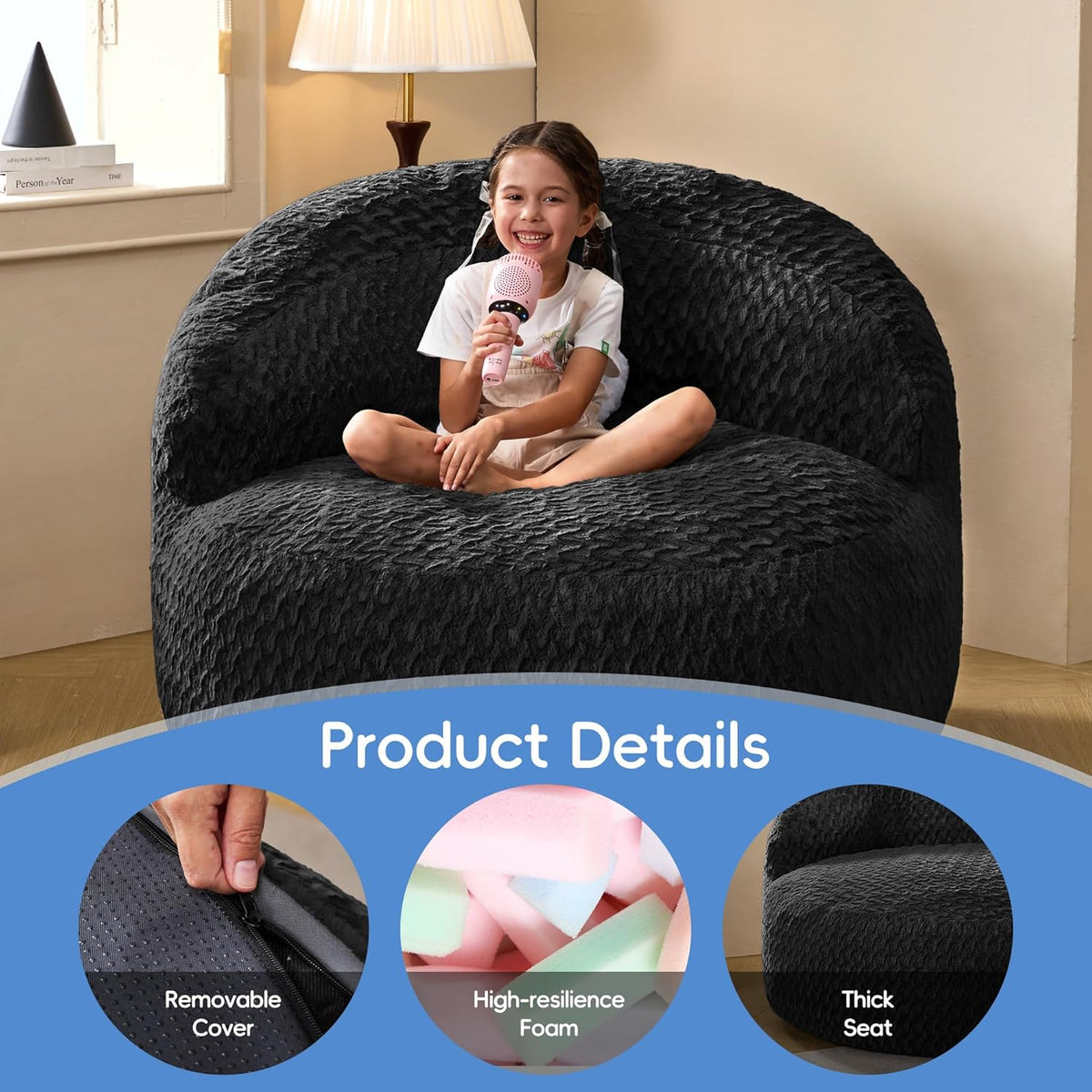 Hobestluk Giant Memory Foam Bean Bag, No-Assembly, Chevron Black Large | High Density Memory Foam, Washable & Removeable Cover, Durable Zipper, Skin Friendly Fabric, Soft Faux Fur, No Assembly