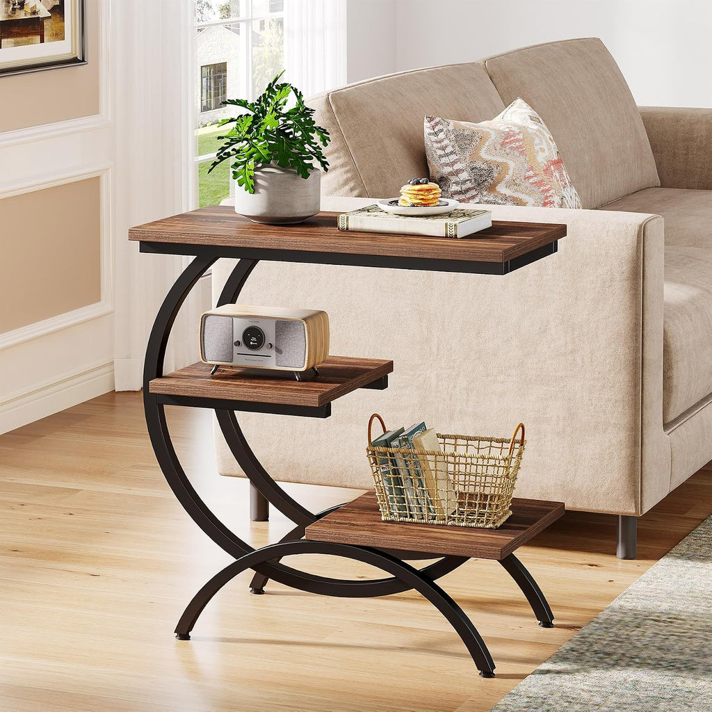 Tribesigns C Shaped End Table, Small Side Table for Couch, Industrial 3-Tier Couch Table, Wood Bedside Table, C Side Table for Small Spaces, Living Room, Dark Brown