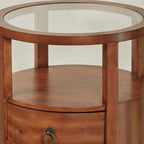 Louis Round Side Cabinet | Regal Walnut Finished Wooden Furnishing | Two Storage Drawers, Open Display Area Shelf, & Clear Glass Tabletop | Circle Wood End Table Furniture | No Assembly Is Required