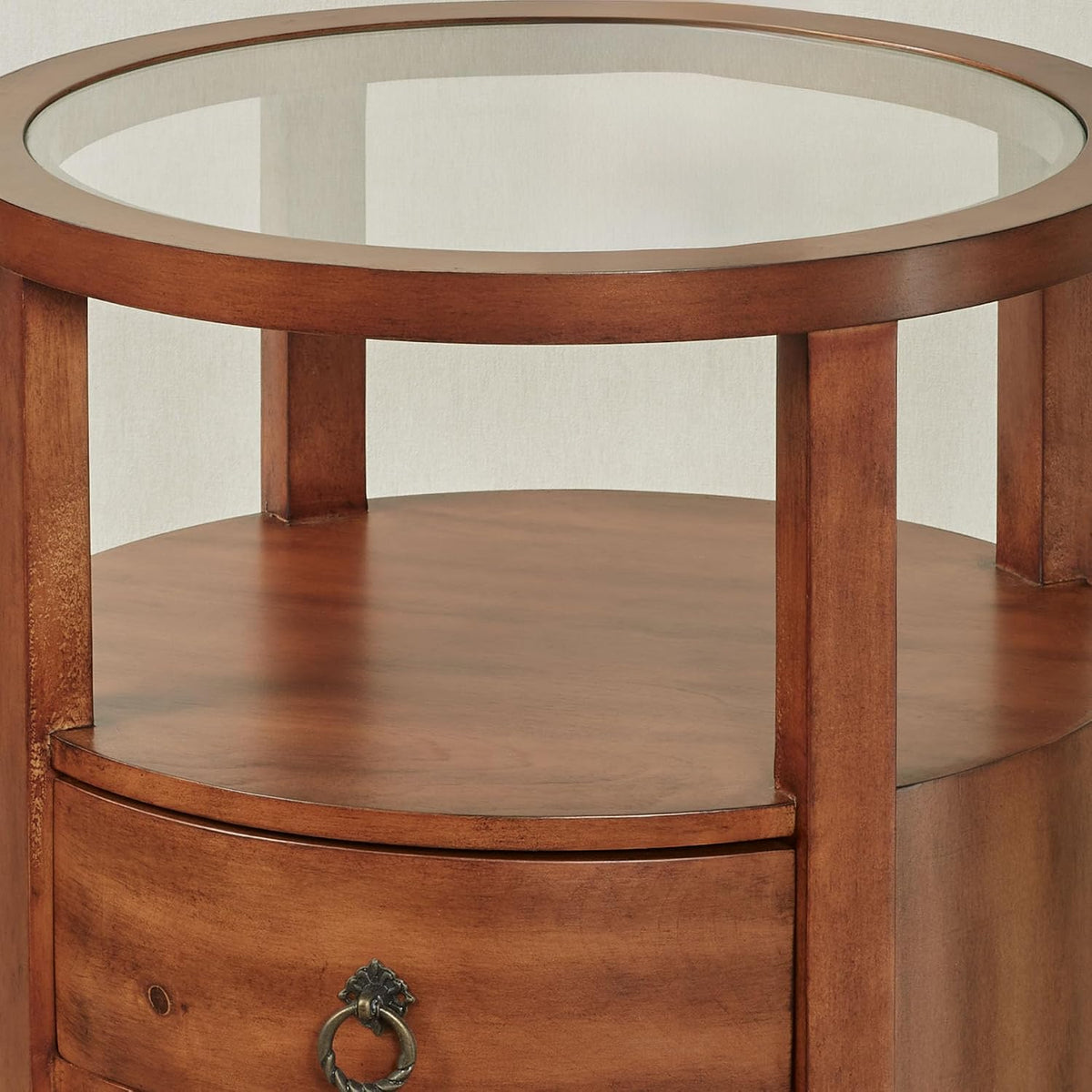 Louis Round Side Cabinet | Regal Walnut Finished Wooden Furnishing | Two Storage Drawers, Open Display Area Shelf, & Clear Glass Tabletop | Circle Wood End Table Furniture | No Assembly Is Required