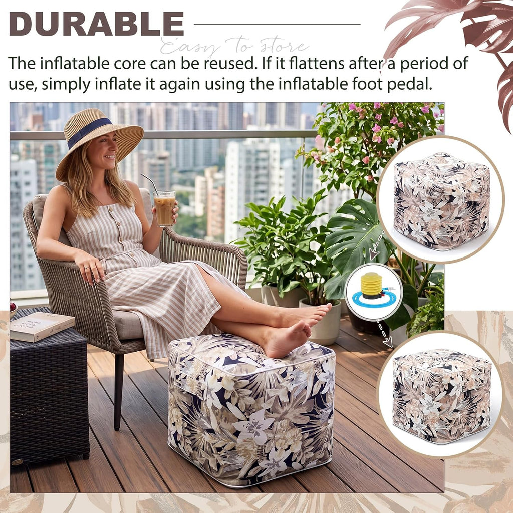 Juexica 2 Pack Inflatable Outdoor Ottoman Pouf Waterproof Cube 16" Square Blow up Ottoman Footrest with Handle Outdoor Portable Footstool for Patio Garden Camping or Home Pool(Flower,Gold)