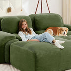 SoarFlash 81” Sectional Cloud Sofa Couches for Living Room-2 Seater L-Shaped Modern Lounge Couch-No Assembly Modular Corduroy Convertible Sponge Sleeper Sofas with Chaise for Home House,Green
