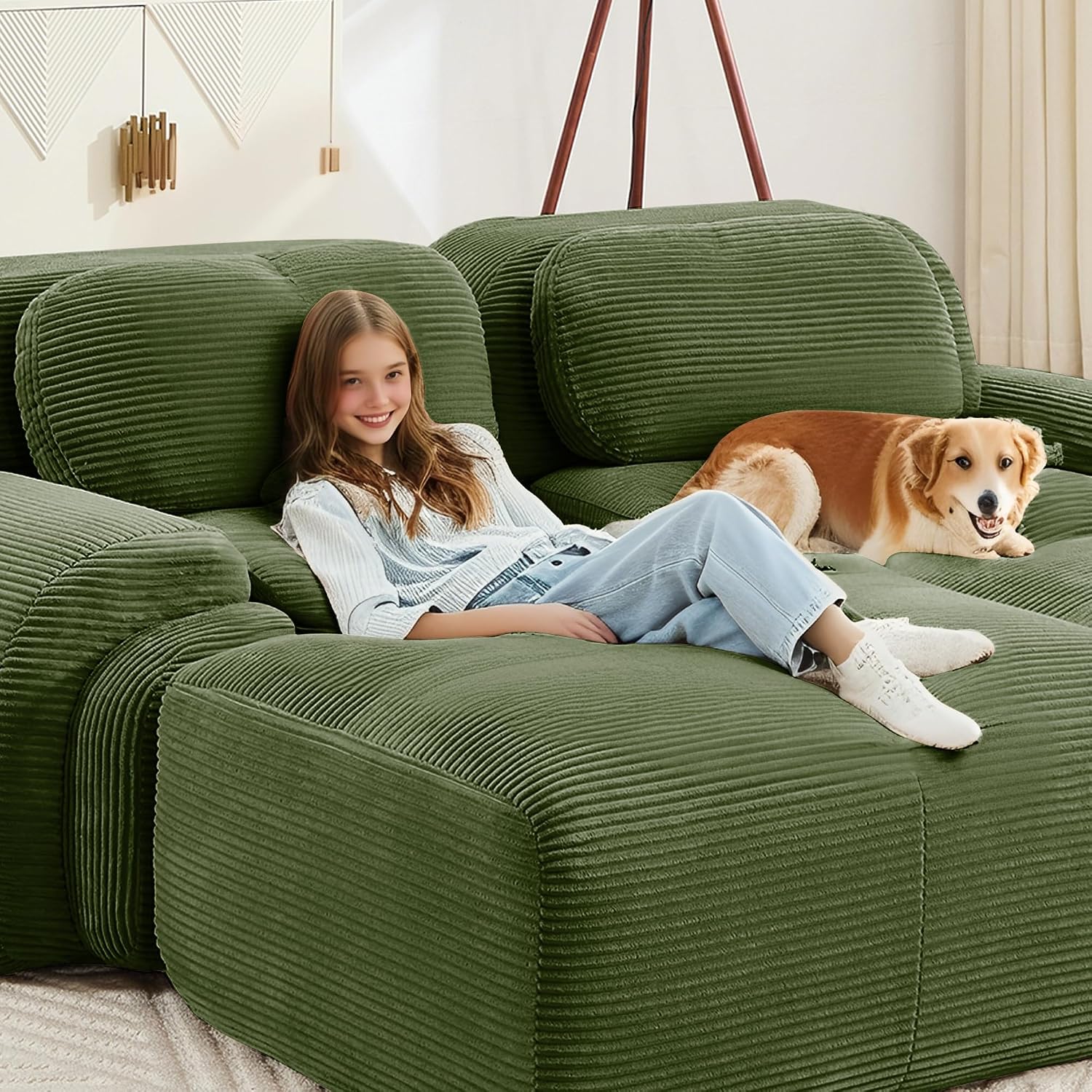 SoarFlash 81” Sectional Cloud Sofa Couches for Living Room-2 Seater L-Shaped Modern Lounge Couch-No Assembly Modular Corduroy Convertible Sponge Sleeper Sofas with Chaise for Home House,Green