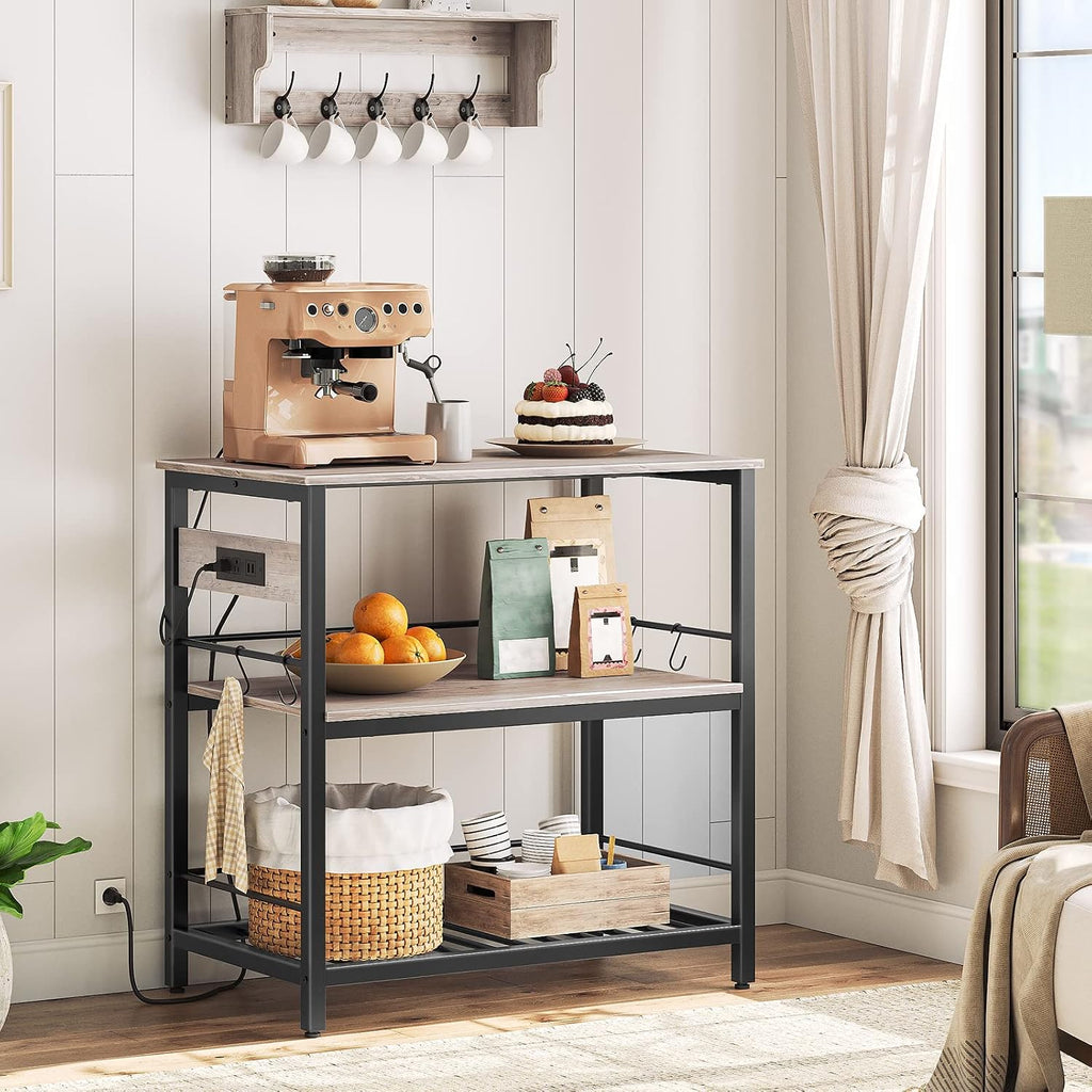 HOOBRO Kitchen Island with Storage, Kitchen Island Table with Power Outlet, 3 Tier Coffee Station and Microwave Stand, for Home, Dining Room, Greige and Black BG021ZD01