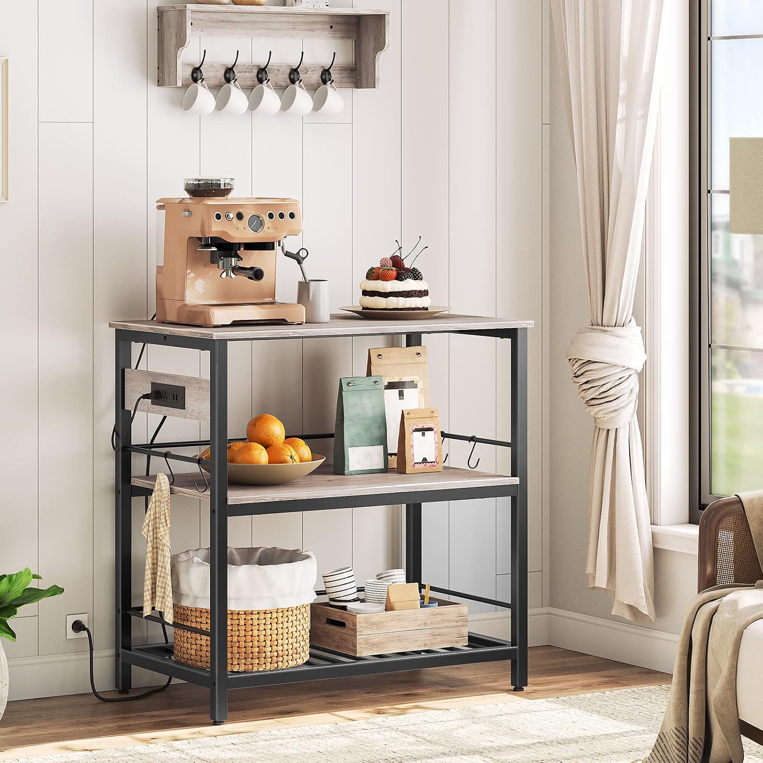HOOBRO Kitchen Island with Storage, Kitchen Island Table with Power Outlet, 3 Tier Coffee Station and Microwave Stand, for Home, Dining Room, Greige and Black BG021ZD01