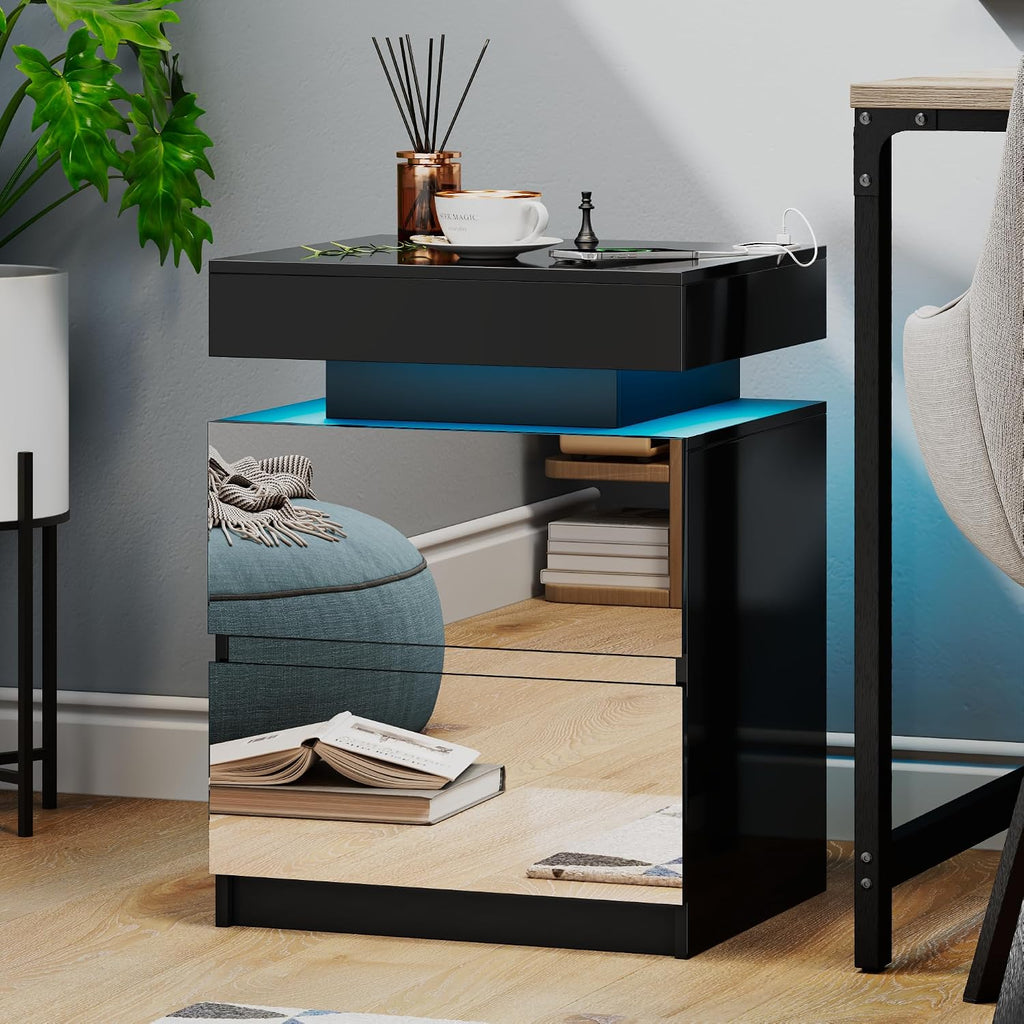 LED Nightstand - Bedside Table with Charging Station and 2 Mirrored Drawers Sliding Top with Magnetic Lock - Modern Night Stand for Bedroom & Living Room - Black