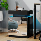 LED Nightstand - Bedside Table with Charging Station and 2 Mirrored Drawers Sliding Top with Magnetic Lock - Modern Night Stand for Bedroom & Living Room - Black