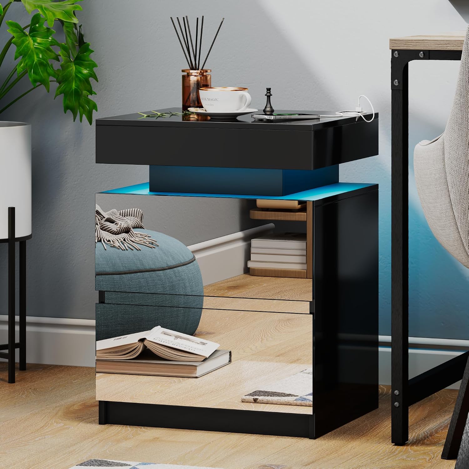 LED Nightstand - Bedside Table with Charging Station and 2 Mirrored Drawers Sliding Top with Magnetic Lock - Modern Night Stand for Bedroom & Living Room - Black
