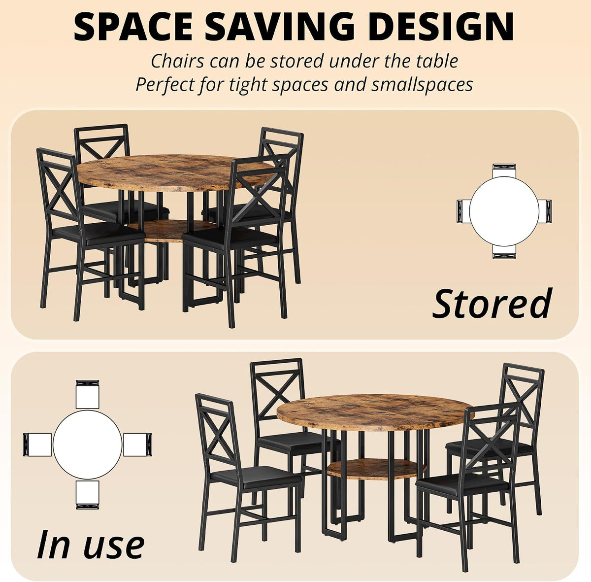 IRONCK Dining Table Set for 4, Round Dining Table and Chairs, Kitchen Table and Chairs for 4, 47 inch Cirecle Dining Room Table with 4 Chairs for Small Space