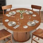 AVAWING 47-inch Round Dining Table for 4-6, Circle Fluted Kitchen Table with 2-Layer Storage Shelf and Wood Slide Door, Mid-Century Modern Fluted Design Wooden Dining Desk for Dining Room, Brown