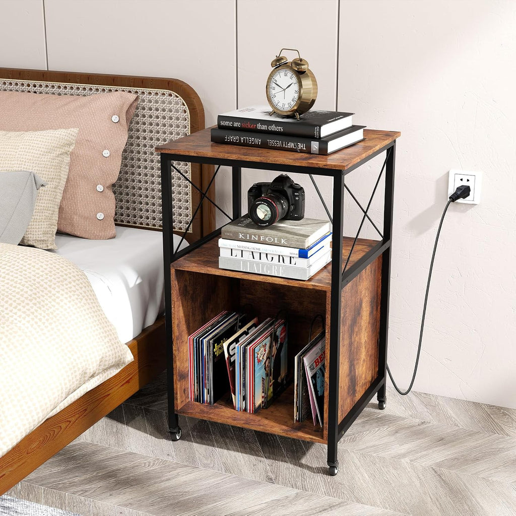 LOKO 3-Tier Rolling Record Player Stand, Mobile Turntable Stand with Power Outlet, Open Shelf & Dividers, Metal Frame, Industrial Vinyl Record Storage Table on Wheels for Living Room, Bedroom