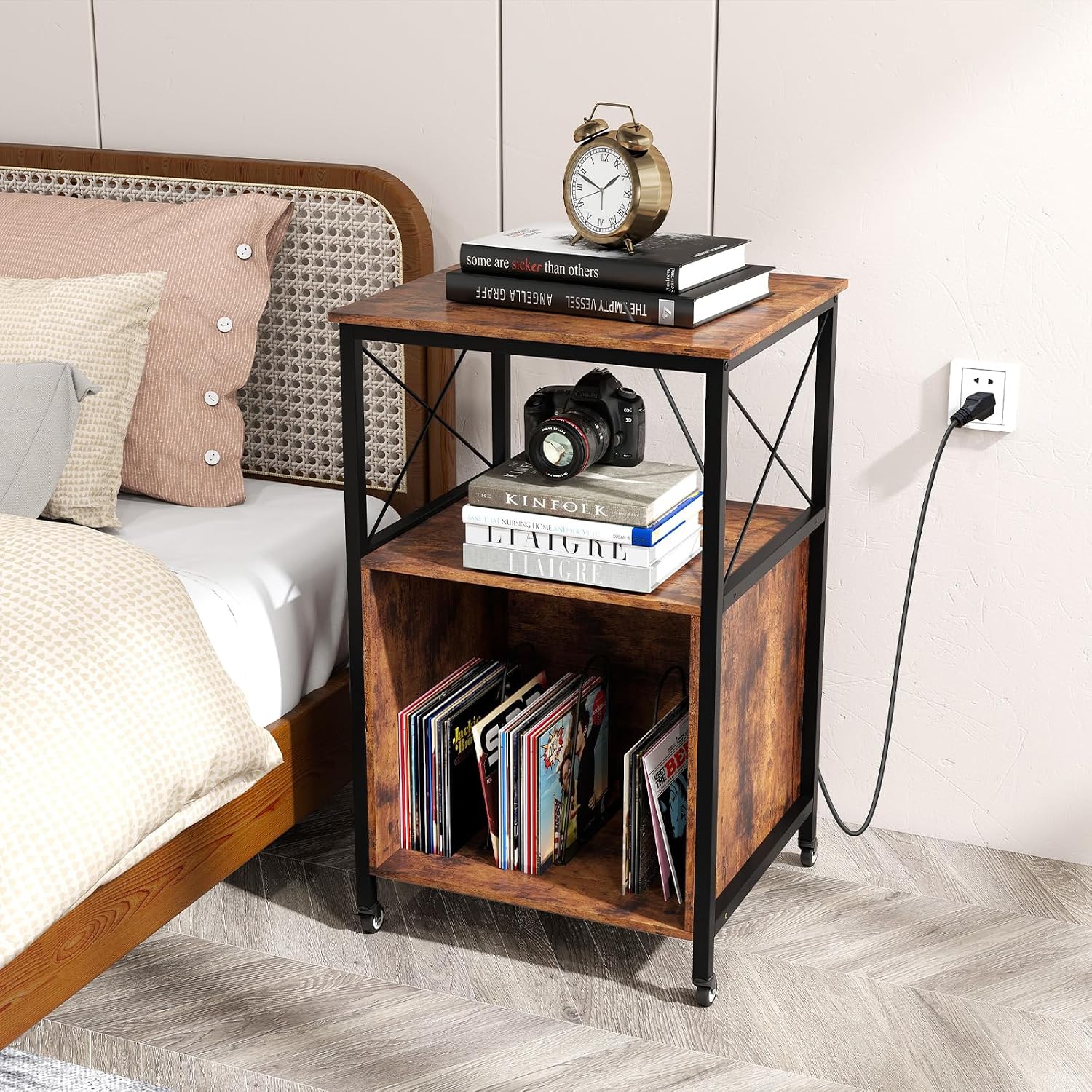 LOKO 3-Tier Rolling Record Player Stand, Mobile Turntable Stand with Power Outlet, Open Shelf & Dividers, Metal Frame, Industrial Vinyl Record Storage Table on Wheels for Living Room, Bedroom