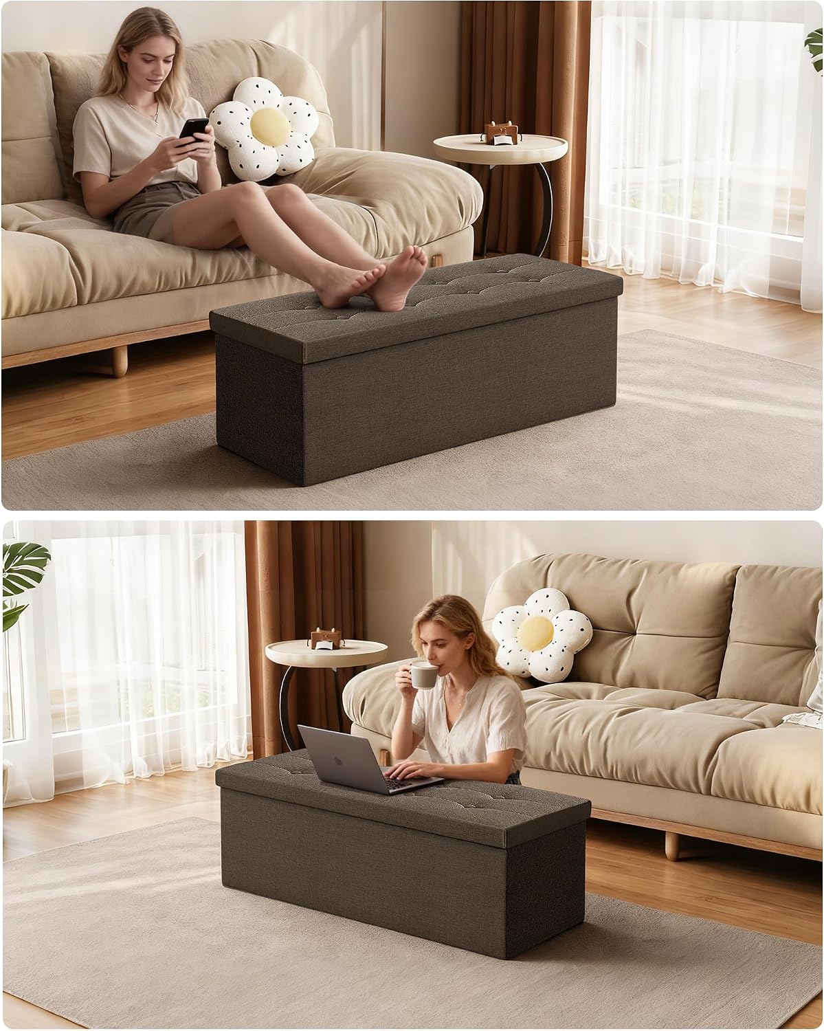 GLAXYFUR 43 Inches Folding Storage Ottoman Bench, Storage Chest, Brown | Ottoman Foot Rest, End of Bed Bench, Load 660 lb, Storage Box for Living Room, Bedroom, Entryway