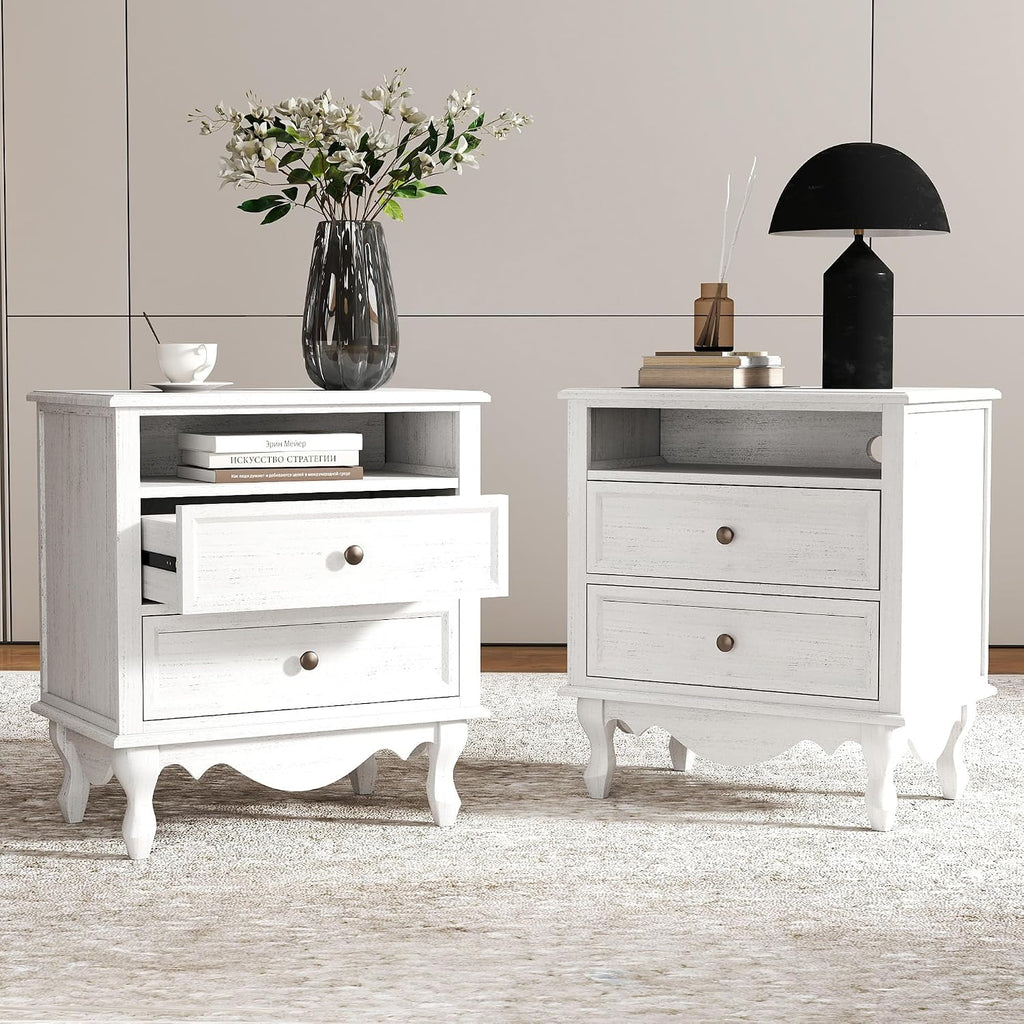 Solid Wood Nightstands Set of 2, Fully Assembled Night Stand with 2 Drawer & Open Shelf Storage, Bedside Table with Charging Station, Mid-Century Modern End Table for Bedroom, White