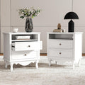 Solid Wood Nightstands Set of 2, Fully Assembled Night Stand with 2 Drawer & Open Shelf Storage, Bedside Table with Charging Station, Mid-Century Modern End Table for Bedroom, White