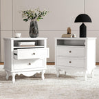 Solid Wood Nightstands Set of 2, Fully Assembled Night Stand with 2 Drawer & Open Shelf Storage, Bedside Table with Charging Station, Mid-Century Modern End Table for Bedroom, White