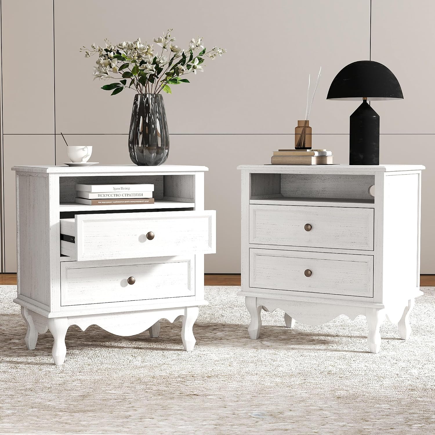 Solid Wood Nightstands Set of 2, Fully Assembled Night Stand with 2 Drawer & Open Shelf Storage, Bedside Table with Charging Station, Mid-Century Modern End Table for Bedroom, White