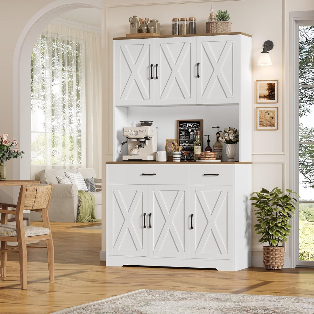 HOSTACK 71"H Kitchen Pantry Storage Cabinet, Farmhouse Hutch Cabinet, White | Space-Saving Pantry Cabinet with Charging Station & 2 Large Drawers & Adjustable Shelves, Tall Kitchen Hutch, Dining Room
