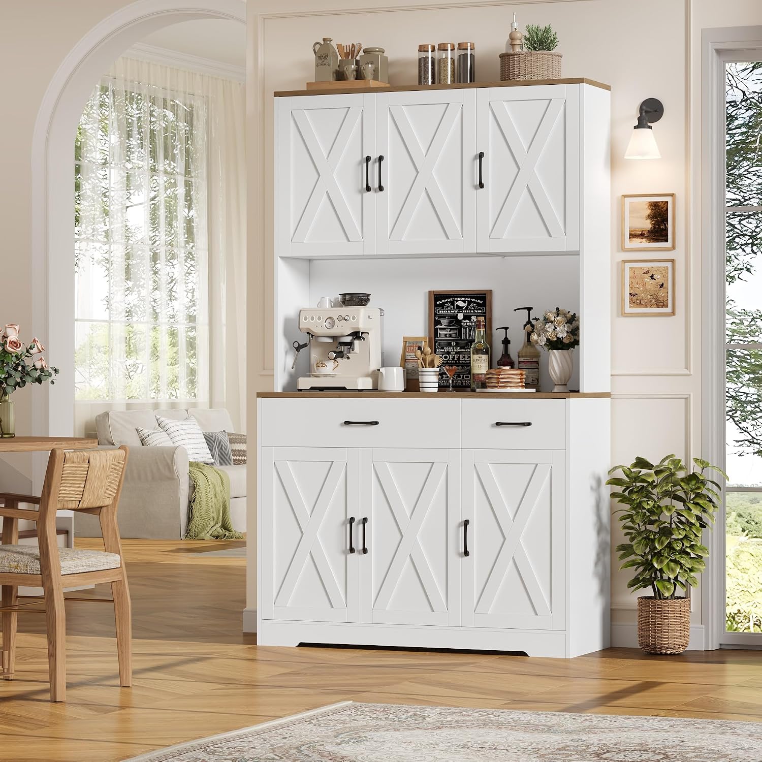HOSTACK 71"H Kitchen Pantry Storage Cabinet, Farmhouse Hutch Cabinet, White | Space-Saving Pantry Cabinet with Charging Station & 2 Large Drawers & Adjustable Shelves, Tall Kitchen Hutch, Dining Room