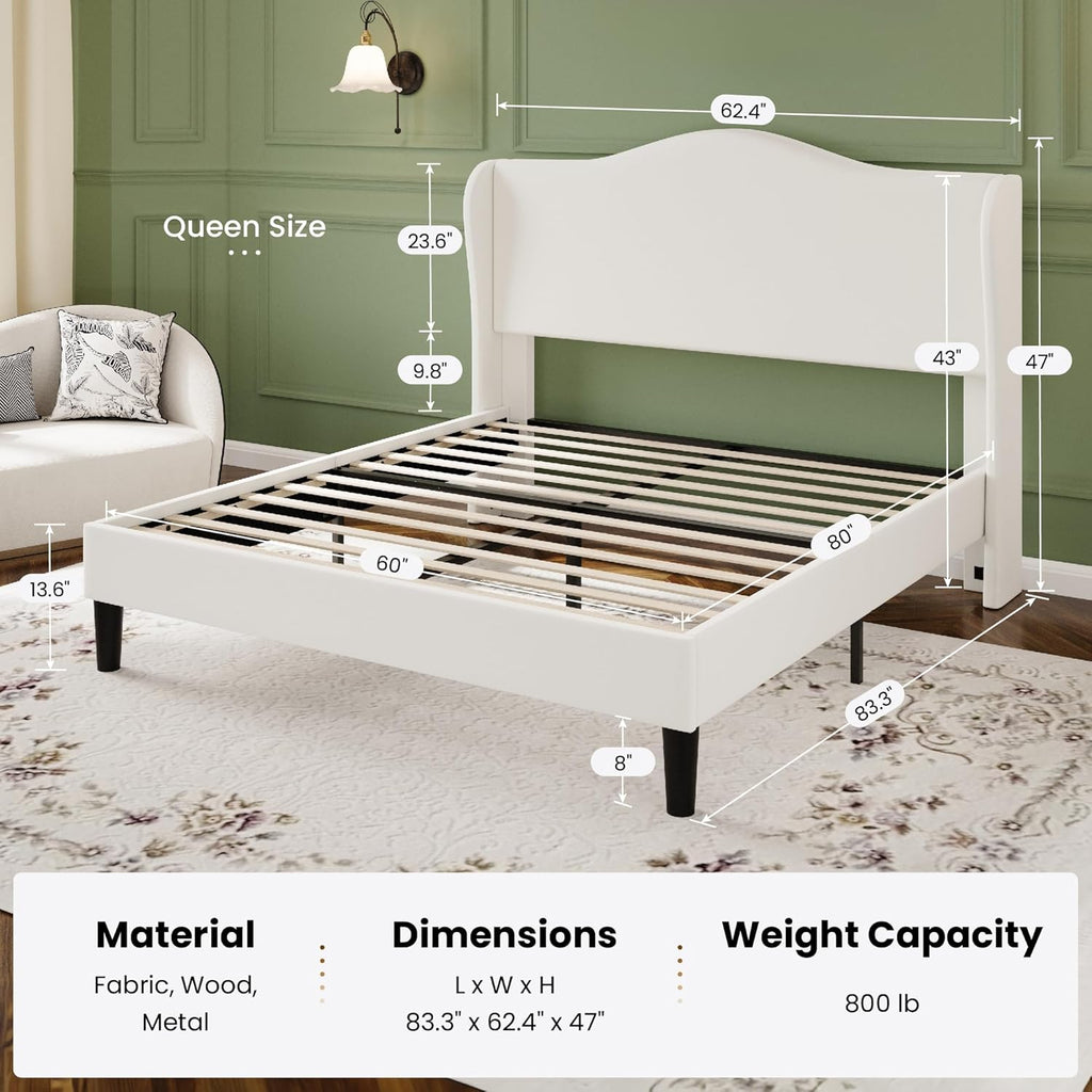 SHA CERLIN Queen Size Bed Frame with Curved Wingback Headboard,Soft White