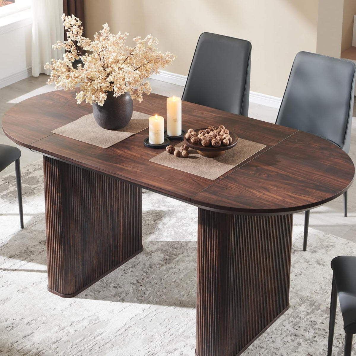 T4TREAM 63" Fluted Oval Dining Table for Kitchen Living Room, Walnut | Mid Century Modern Kitchen Table, Seats 4-6, Thickened Edge and Sturdy Strip Pedestal Base