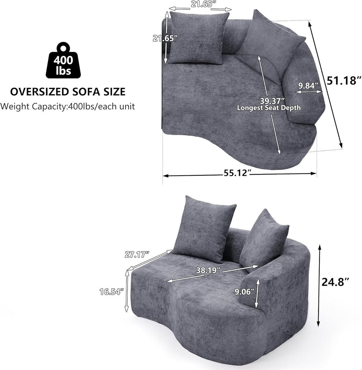 L Shaped Single Sofa, Modern Comfy Chenille Fabric Loveseat Couch, No Assembly Required Small Couch with Deep Seat, 2 Pillows for Living Room, Apartment, Bedroom