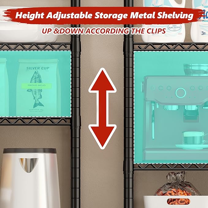 REIBII 76''H Wire Shelving Loads 1980LBS with 25mm Pipe Diameter,Storage Shelves with Wheels Metal Shelves for Storage, 5 Tier Adjustable Garage Shelving Heavy Duty Storage Rack,76''HX36''WX16''D