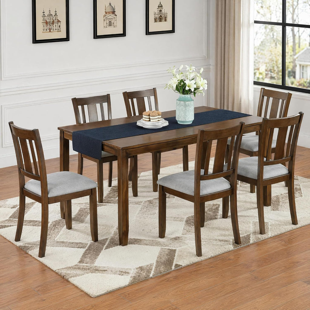 7-Piece Dining Table Set, Counter Height Kitchen Set with Rectangular Table & 6 Slatted Backrest Upholstered Chairs, Farmhouse Dining Room Furniture, Wooden Table & Chair for Home, Walnut