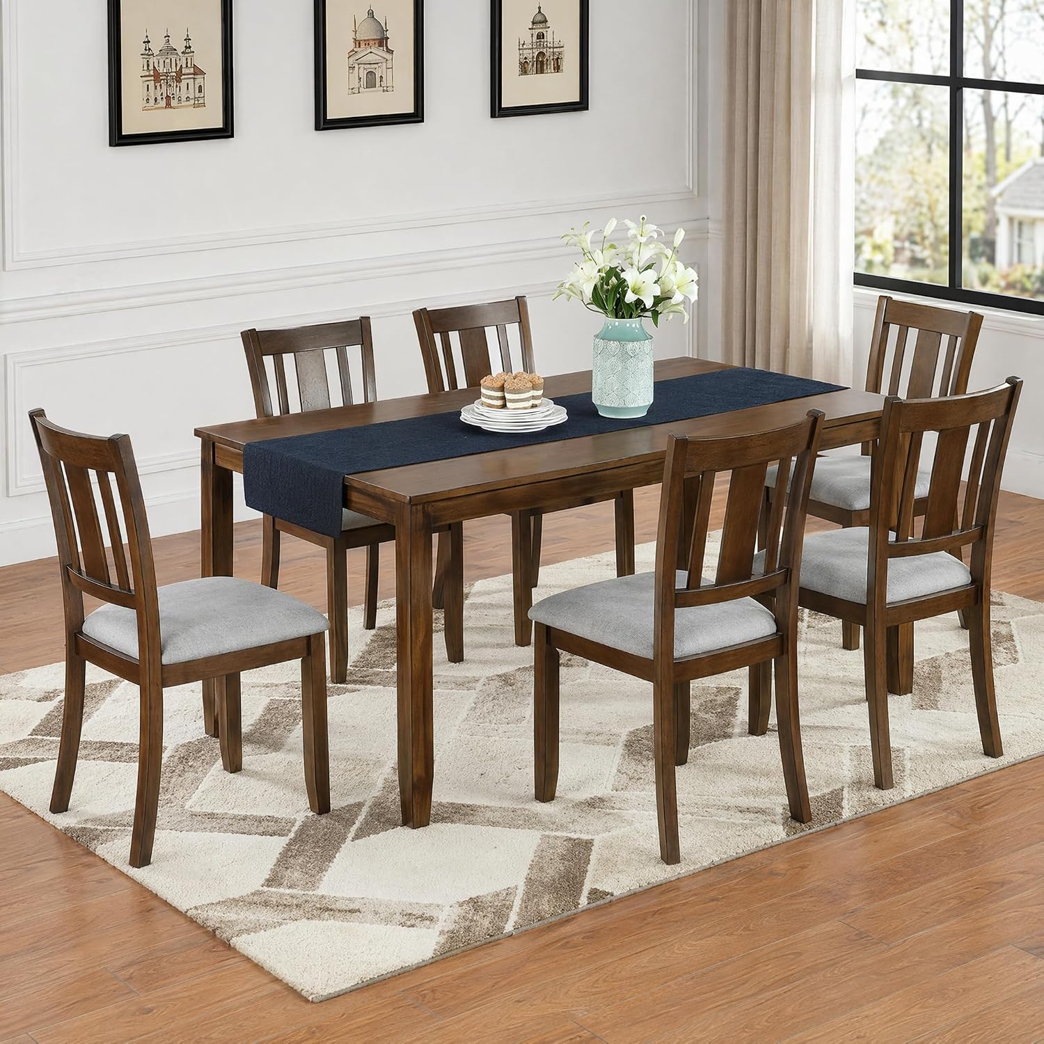 7-Piece Dining Table Set, Counter Height Kitchen Set with Rectangular Table & 6 Slatted Backrest Upholstered Chairs, Farmhouse Dining Room Furniture, Wooden Table & Chair for Home, Walnut
