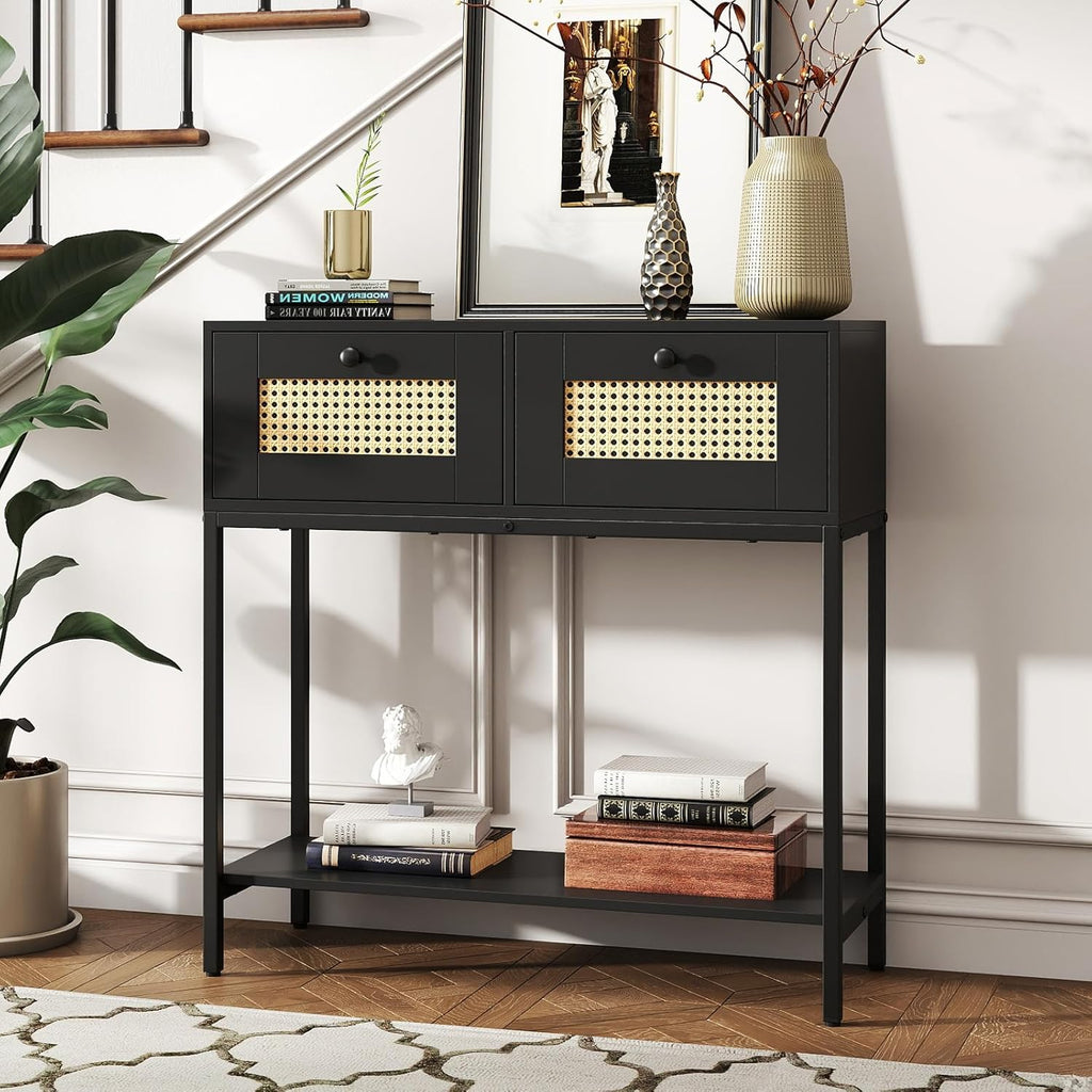 GOFLAME Rattan Console Table, Boho Entryway Table with 2 Drawers & Open Storage Shelf, Narrow Long Sofa Table with Metal Legs, Foyer Table Behind Couch Table for Living Room, Hallway, Black