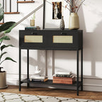 GOFLAME Rattan Console Table, Boho Entryway Table with 2 Drawers & Open Storage Shelf, Narrow Long Sofa Table with Metal Legs, Foyer Table Behind Couch Table for Living Room, Hallway, Black
