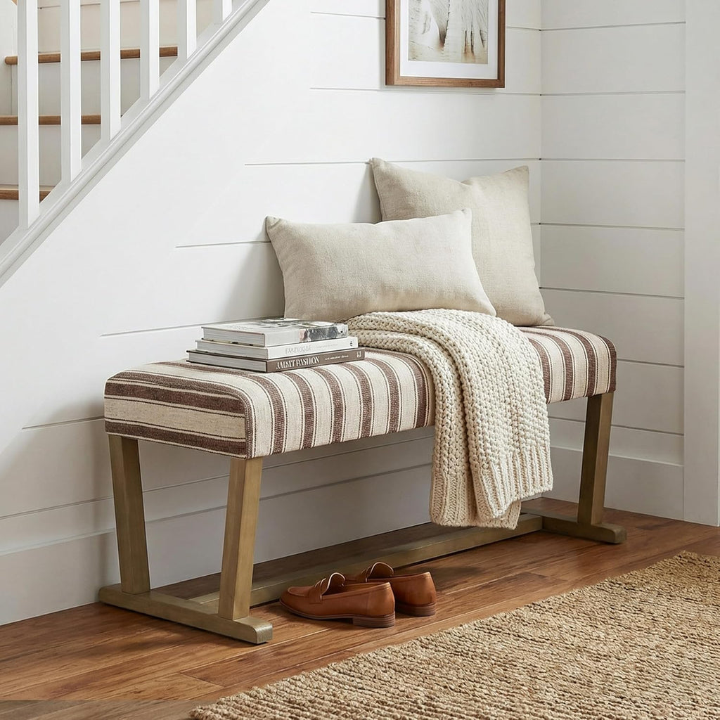 VKNOW 41" Upholstered Entryway Bench, End of Bed Bench with Cushion and Rubber Wood, Kitchen Dining Bench, Striped Bench for Dining Table, Bedroom, Living Room, Brown
