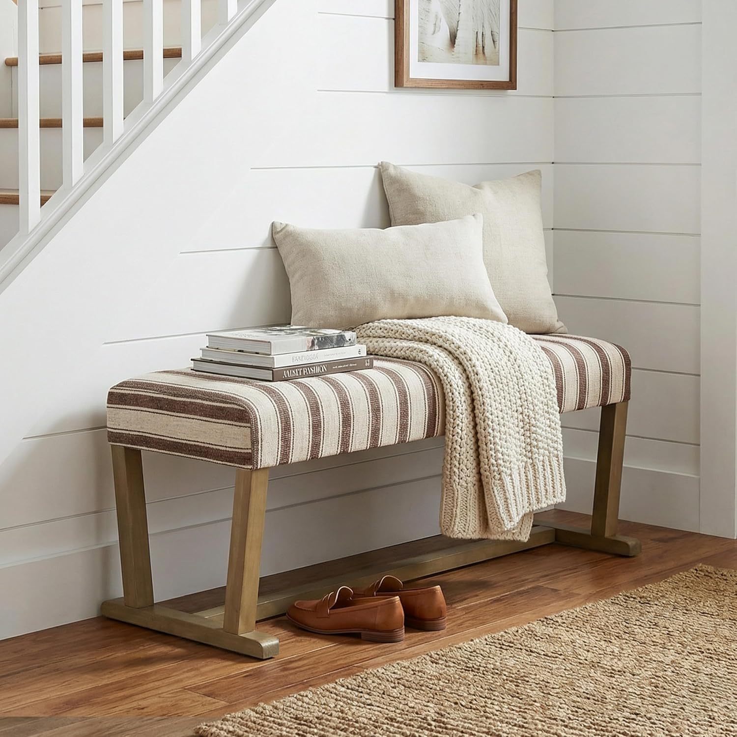 VKNOW 41" Upholstered Entryway Bench, End of Bed Bench with Cushion and Rubber Wood, Kitchen Dining Bench, Striped Bench for Dining Table, Bedroom, Living Room, Brown