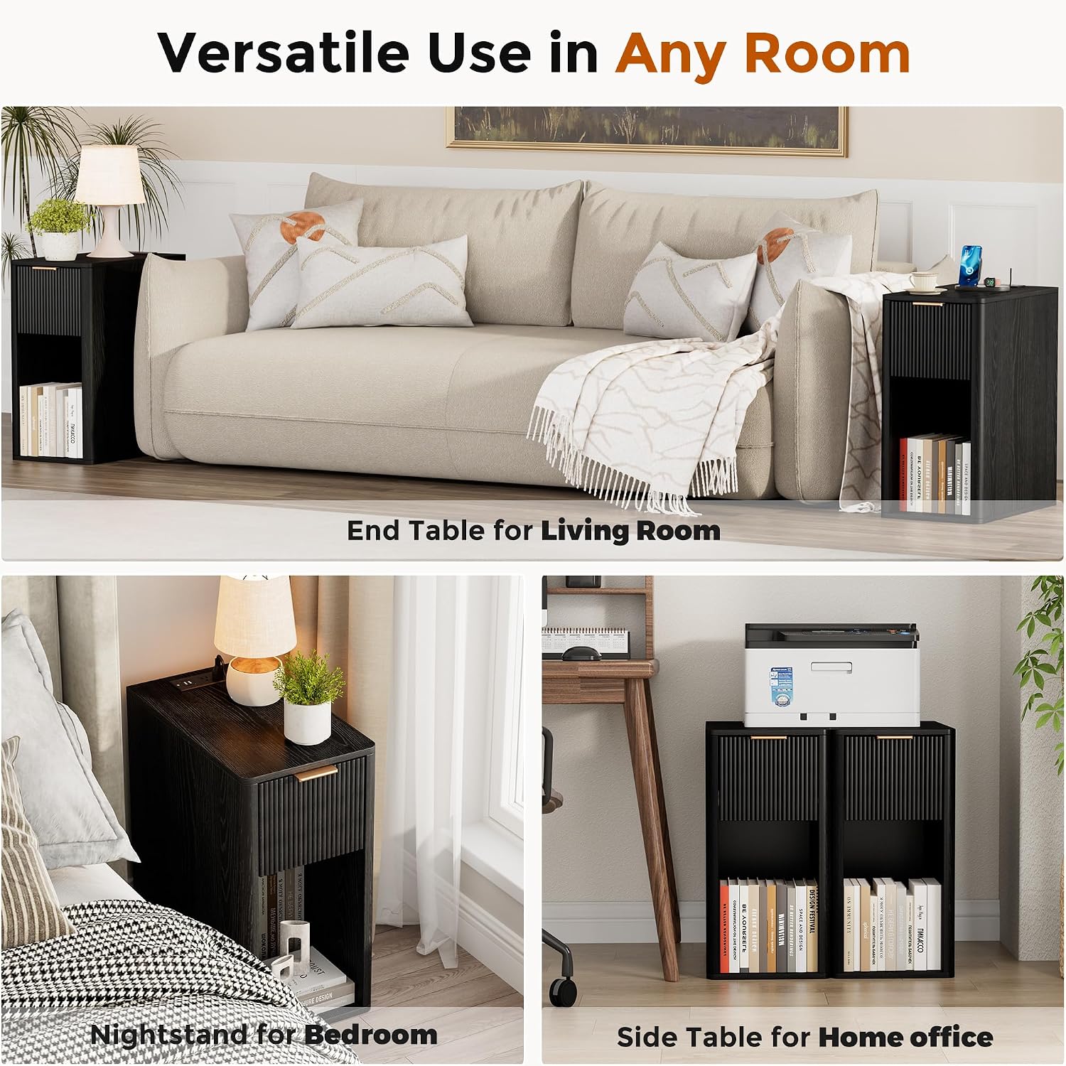 Homleke Narrow End Table with Fluted Drawer and Charging Station, Small Nightstand with USB Ports & Outlets, Bedside Table for Bedroom or Living Room, Modern Accent Table, Black