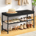 DAOUTIME Shoe Rack Bench, 2-Tier Shoe Storage Organizer with PU Seat Cushion, Entryway Bench with Height-Adjustable Metal Mesh Shelves, Modern Bench Seat for Bedroom Living Room Hallway Foyer, Black