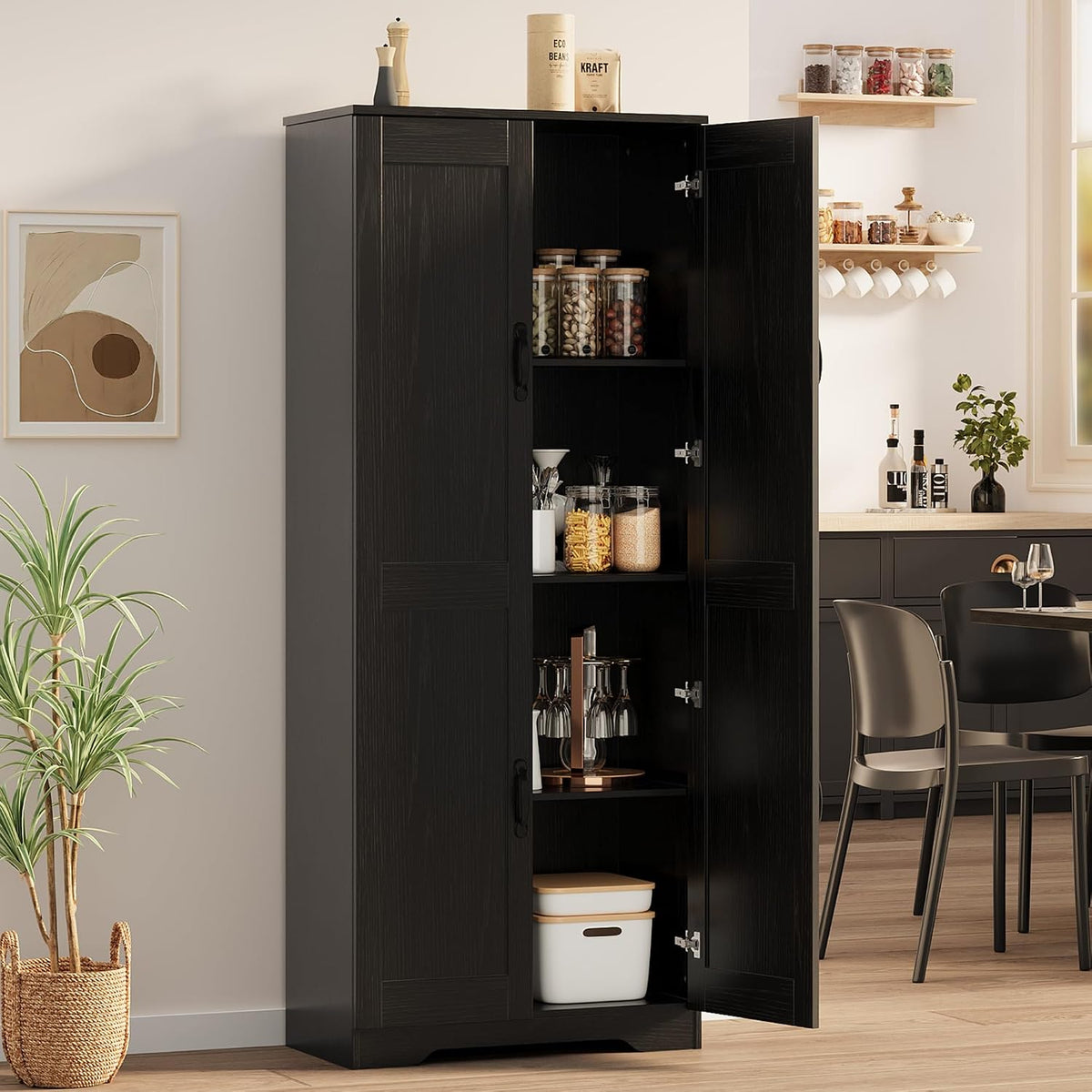 GarveeHome Tall Kitchen Pantry Cabinet, 60 in Storage Cabinet with 2 Doors and Adjustable Shelves, Freestanding Large Utility Storage Cupboard for Dining Room, Bathroom, Living Room, Black