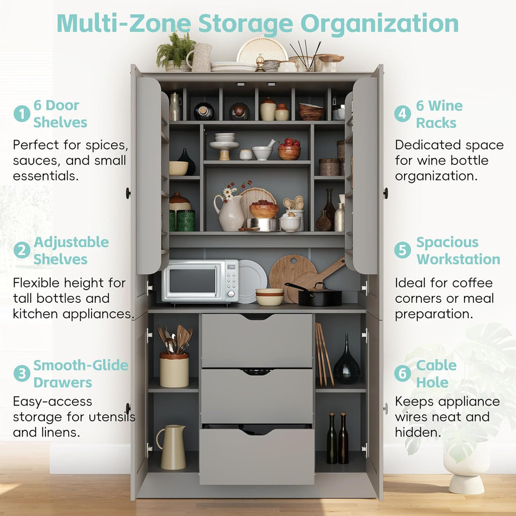 Freestanding Kitchen Pantry,Tall Storage Workstation with 4 Doors, 6 Door Shelves, Removable Shelves and 6 Wine Racks for Dining Room (Grey-FK)