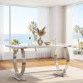 Asday 60" White and Silver Dining Table for 4-6, Modern Rectangle Wood Kitchen Table with Mirrored Chrome U-Shaped Metal Base for Dining Room, Kitchen, Dinner